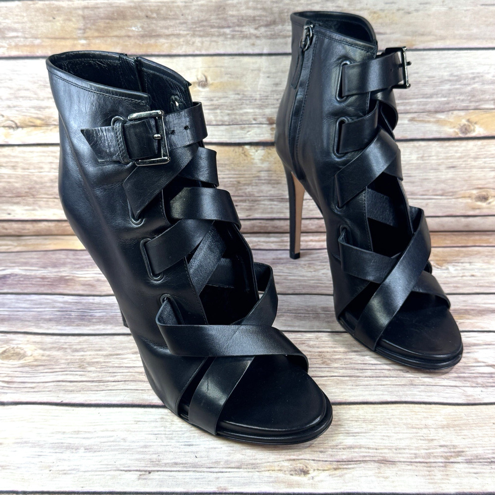 Diane von Furstenberg Black Radcliff Calfskin Leather Strappy Stiletto Booties 9